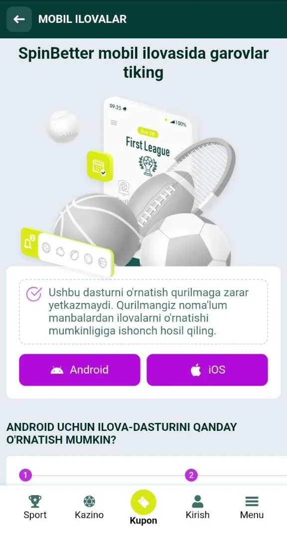 SpinBetter yuklab olish sahifasi — Android va iOS uchun ilova