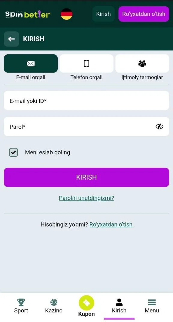 SpinBetter login oynasi — hisobga kirish shakli