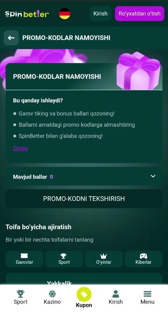 SpinBetter promokodi uchun anketadagi kod maydoni