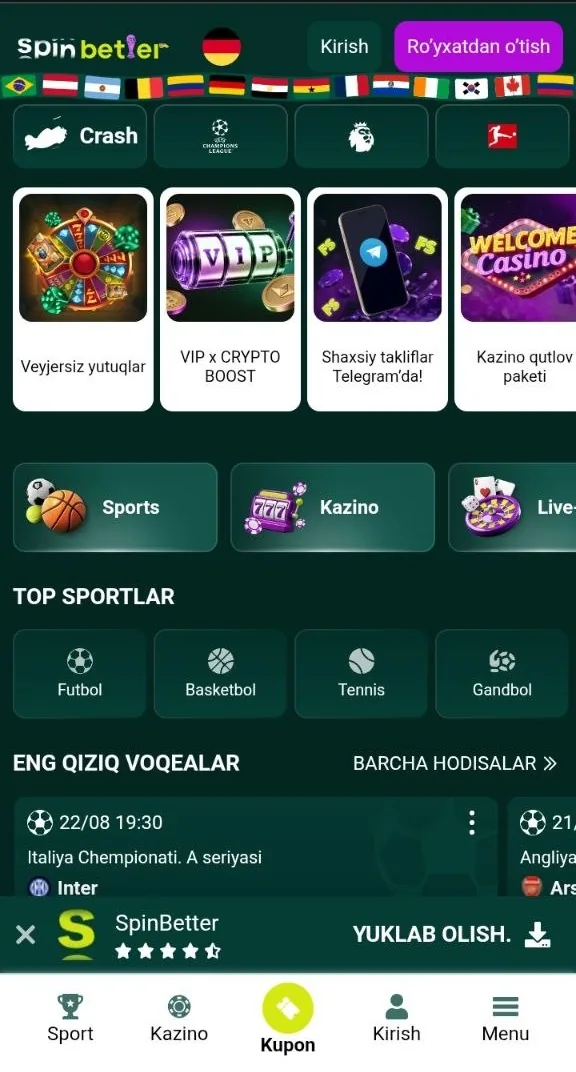 SpinBetter UZ kazinosining oʻzbek tilidagi bosh sahifasi